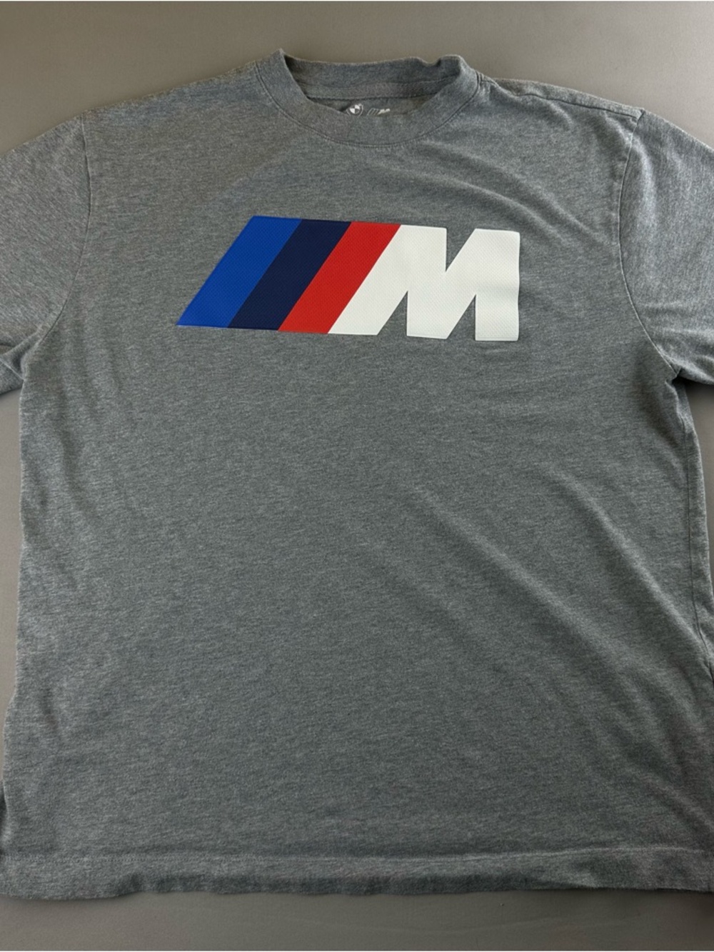 BMW Gray Tee with Blue-Red-White M Stripe